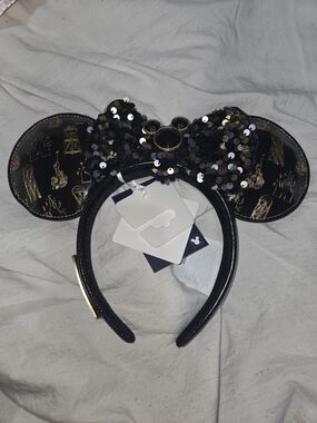 Disney LEGENDS Black and Gold Sequin Minnie Ears Headband with Detachable Bow